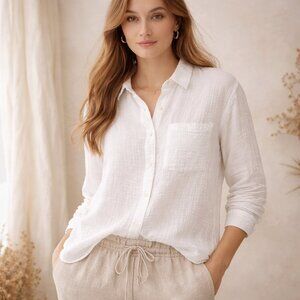 Lola River Anthropologie White Crinkle Gauze Boho Button Down Shirt 100% Cotton